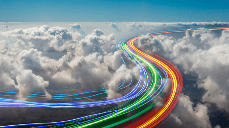 Fast moving light streaks going through clouds in the sky