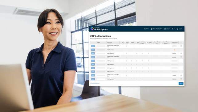 woman at desktop smile, vsp authorizations