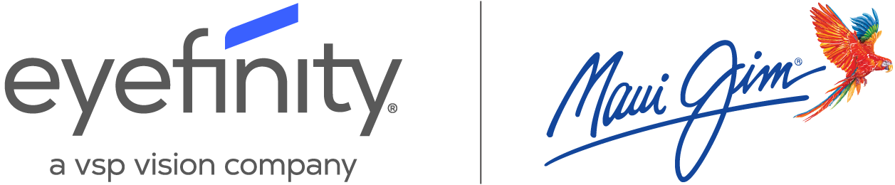 The Eyefinity logo, Eyefinity in grey font with the signature blue line above it, next to the Maui Jim logo, with Maui Jim in script font and a red parrot to the right of it.