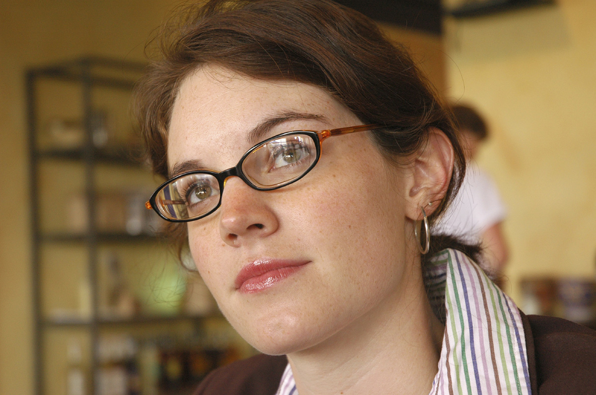 girl with red glasses