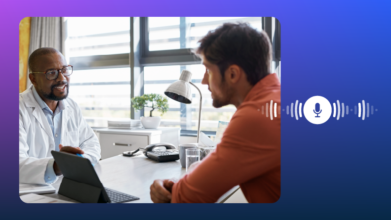 A doctor and a patient having a conversation near an iPad, with an overlay of a microphone with sound waves. 